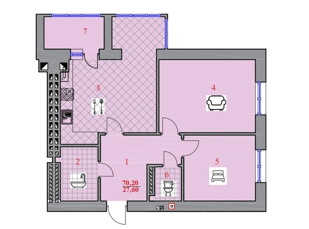 ЖК Шептицького: планування 2-кімнатної квартири 70.2 м²