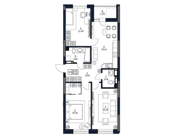 ЖК Polaris Home&Plaza: планировка 3-комнатной квартиры 80.55 м²