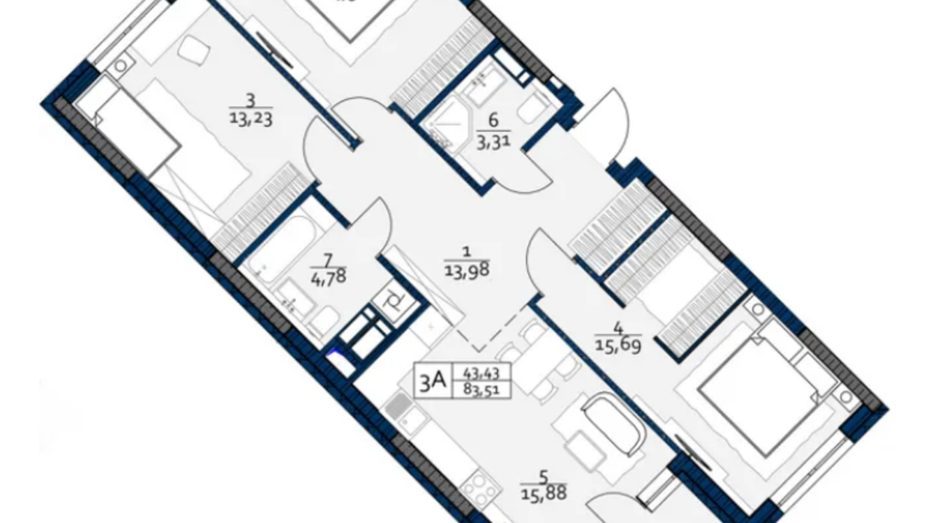 Планировка 3-комнатной квартиры в ЖК Polaris Home&Plaza 83.51 м², фото 595491