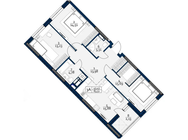 ЖК Polaris Home&Plaza: планировка 3-комнатной квартиры 83.51 м²