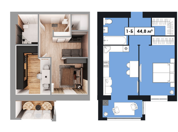 ЖК Щасливий у Дніпрі: планування 1-кімнатної квартири 44.8 м²