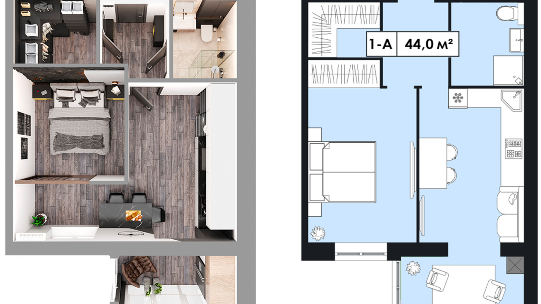 Планування 1-кімнатної квартири в ЖК Щасливий у Дніпрі 44 м², фото 595542