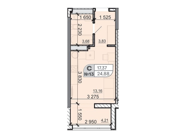 ЖК Акварель 8: планування 1-кімнатної квартири 24.88 м²