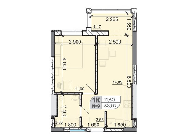 ЖК Акварель 8: планировка 1-комнатной квартиры 38.07 м²