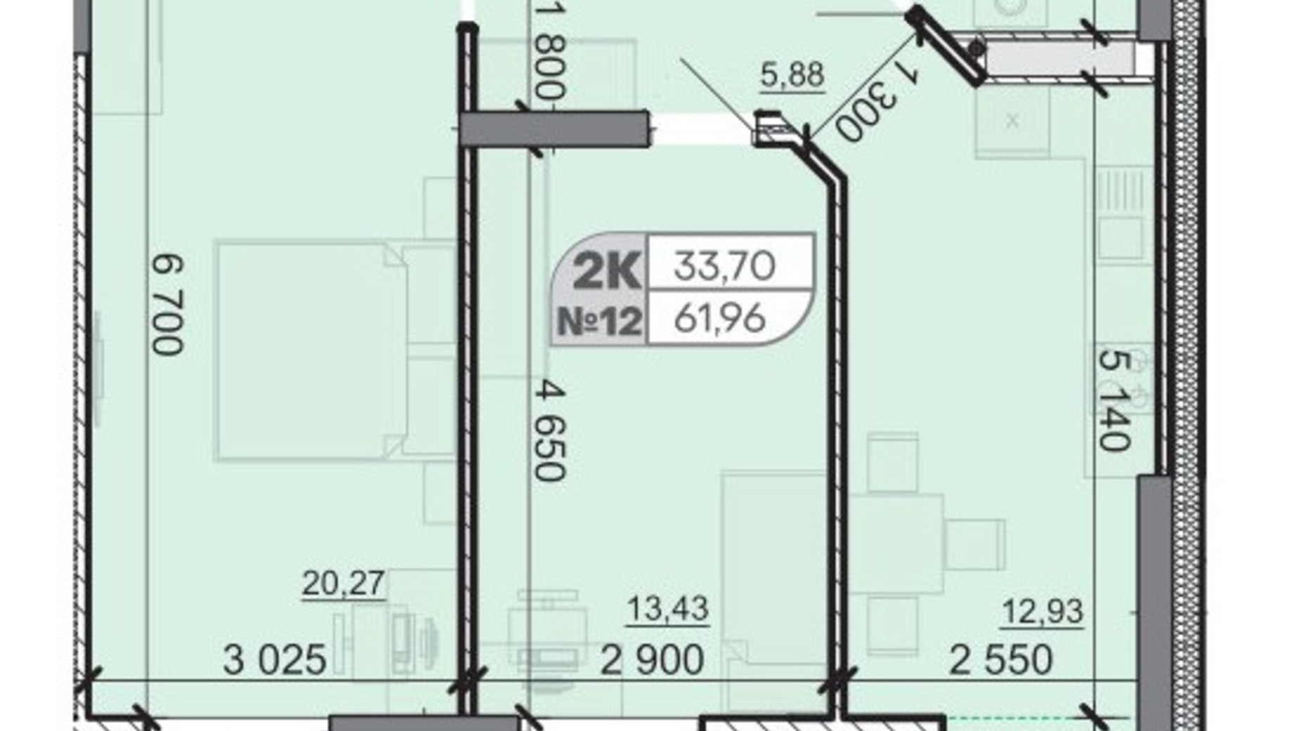 Планування 2-кімнатної квартири в ЖК Акварель 8 62.1 м², фото 595669