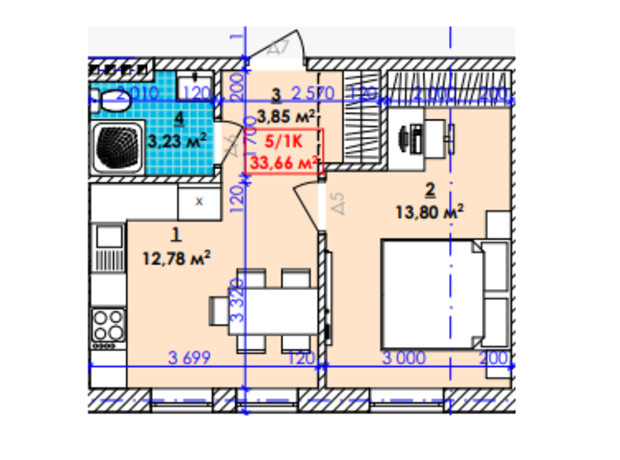 ЖК Акварель: планування 1-кімнатної квартири 33.66 м²