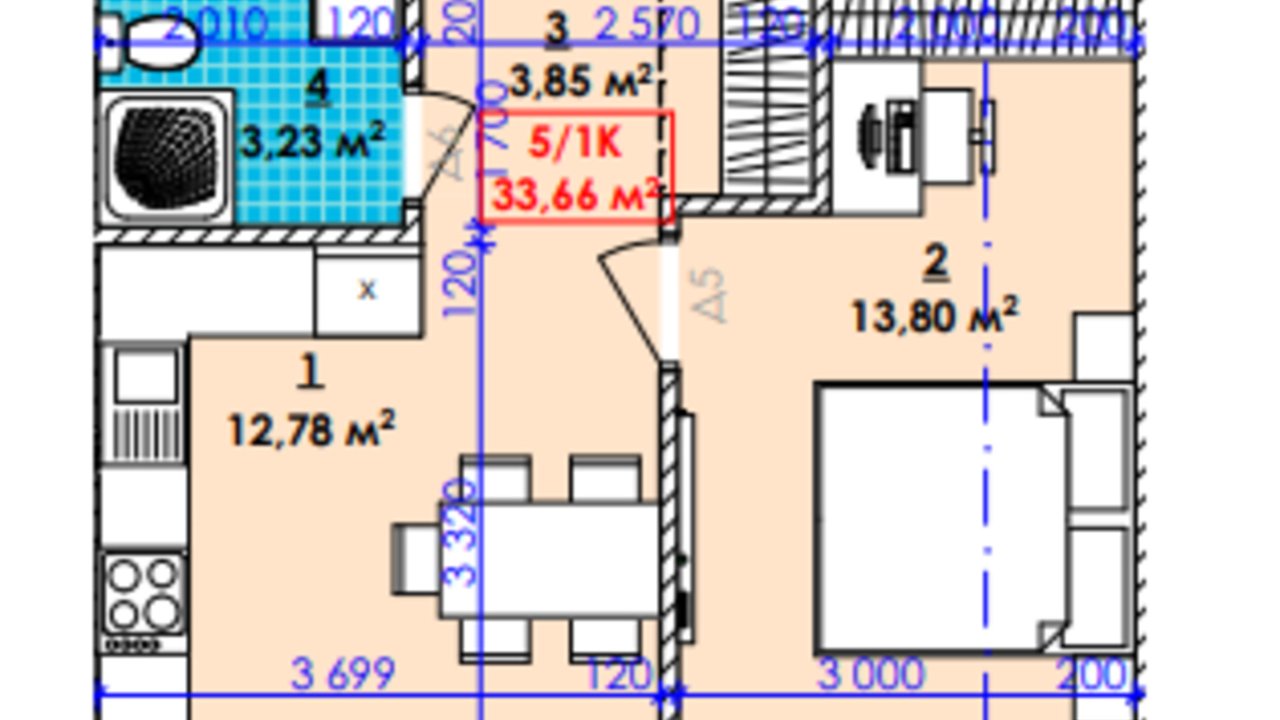 Планування 1-кімнатної квартири в ЖК Акварель 33.66 м², фото 595939