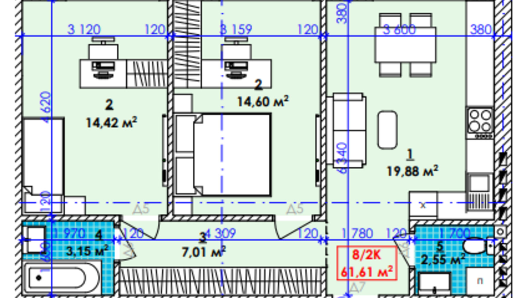 Планування 2-кімнатної квартири в ЖК Акварель 61.61 м², фото 595942