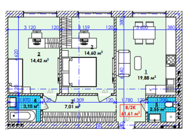 ЖК Акварель: планування 2-кімнатної квартири 61.61 м²