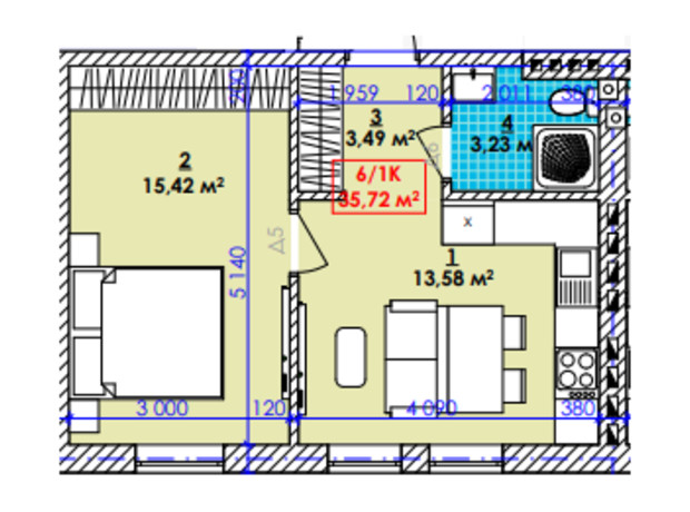 ЖК Акварель: планировка 1-комнатной квартиры 35.72 м²