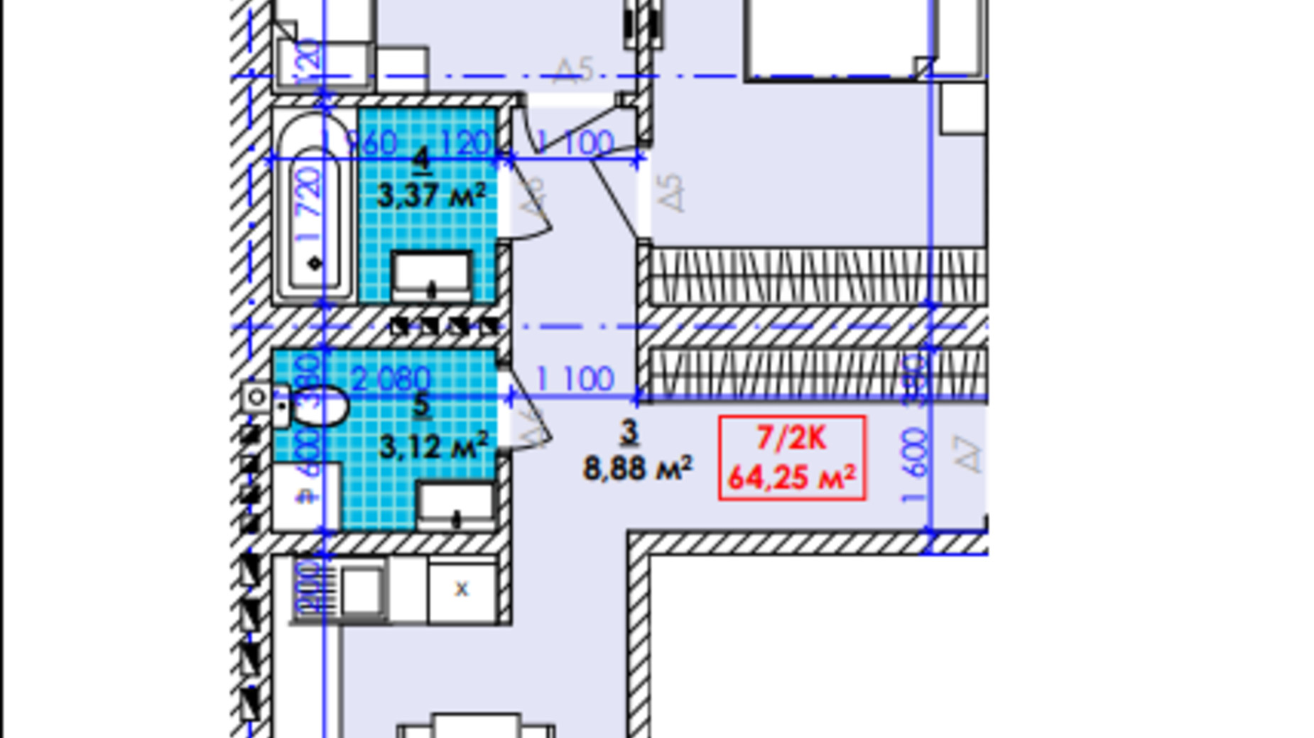 Планування 2-кімнатної квартири в ЖК Акварель 64.25 м², фото 595949