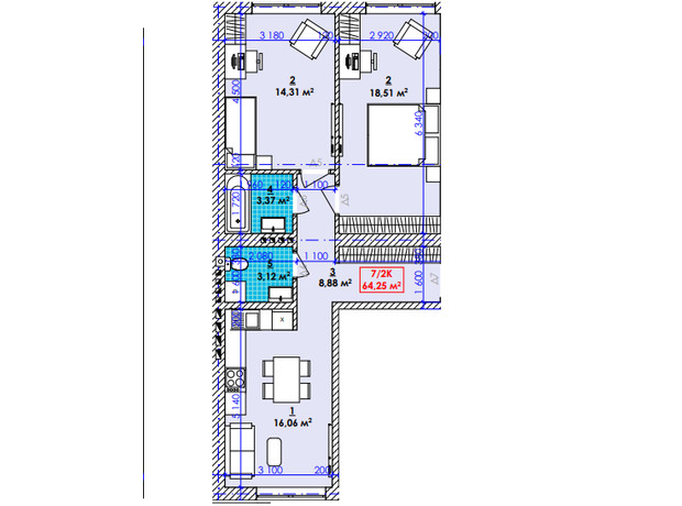 ЖК Акварель: планировка 2-комнатной квартиры 64.25 м²