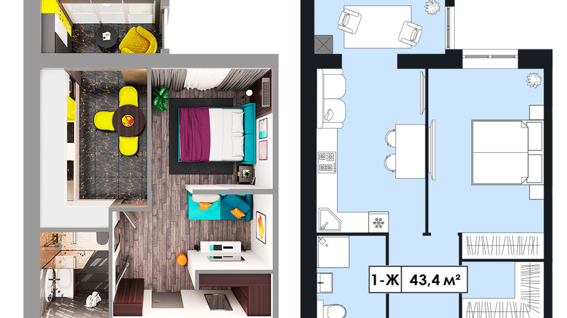 Планування 1-кімнатної квартири в ЖК Щасливий у Дніпрі 43.4 м², фото 596021