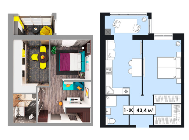 ЖК Щасливий у Дніпрі: планування 1-кімнатної квартири 43.4 м²