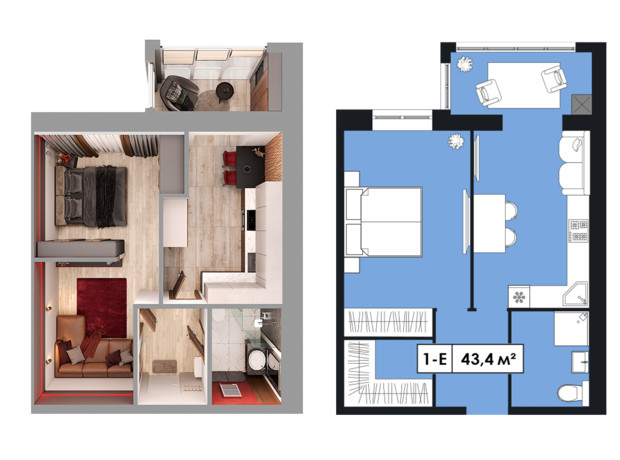 ЖК Щасливий у Дніпрі: планировка 1-комнатной квартиры 43.4 м²