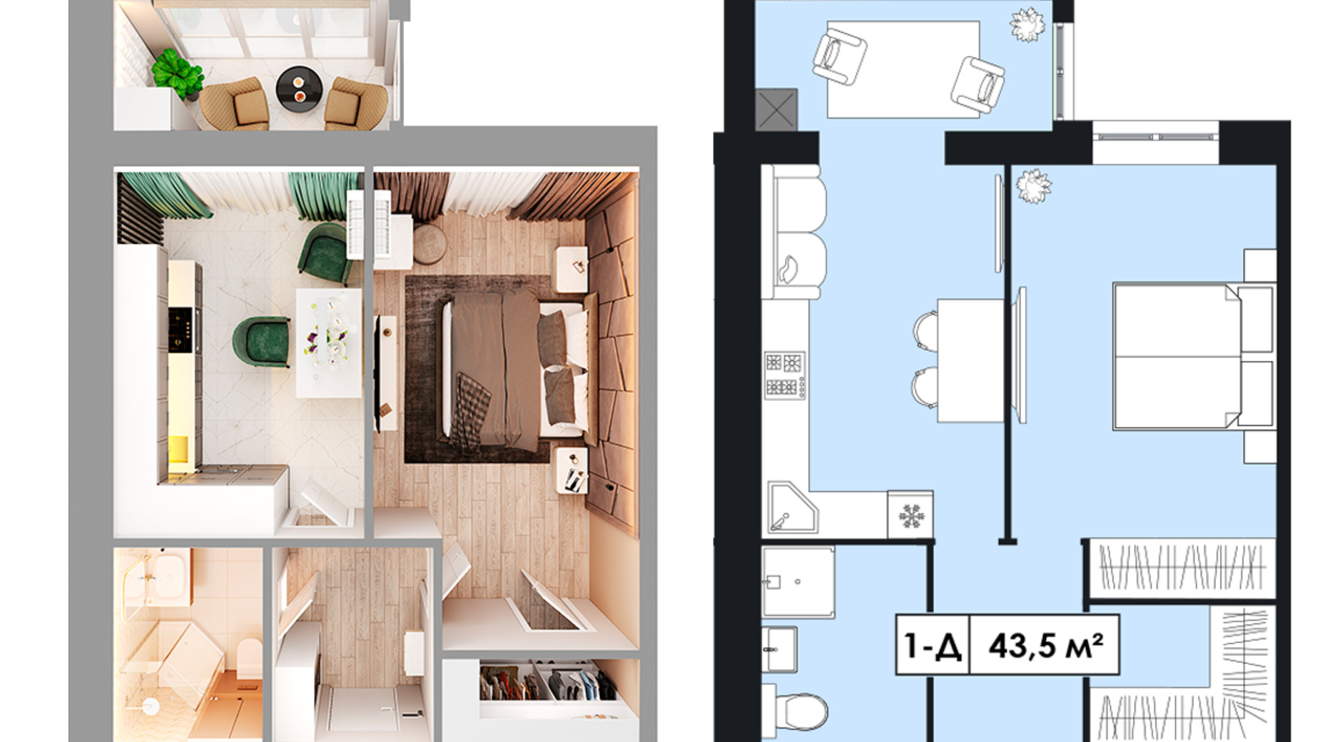 Планировка 1-комнатной квартиры в ЖК Щасливий у Дніпрі 43.5 м², фото 596024