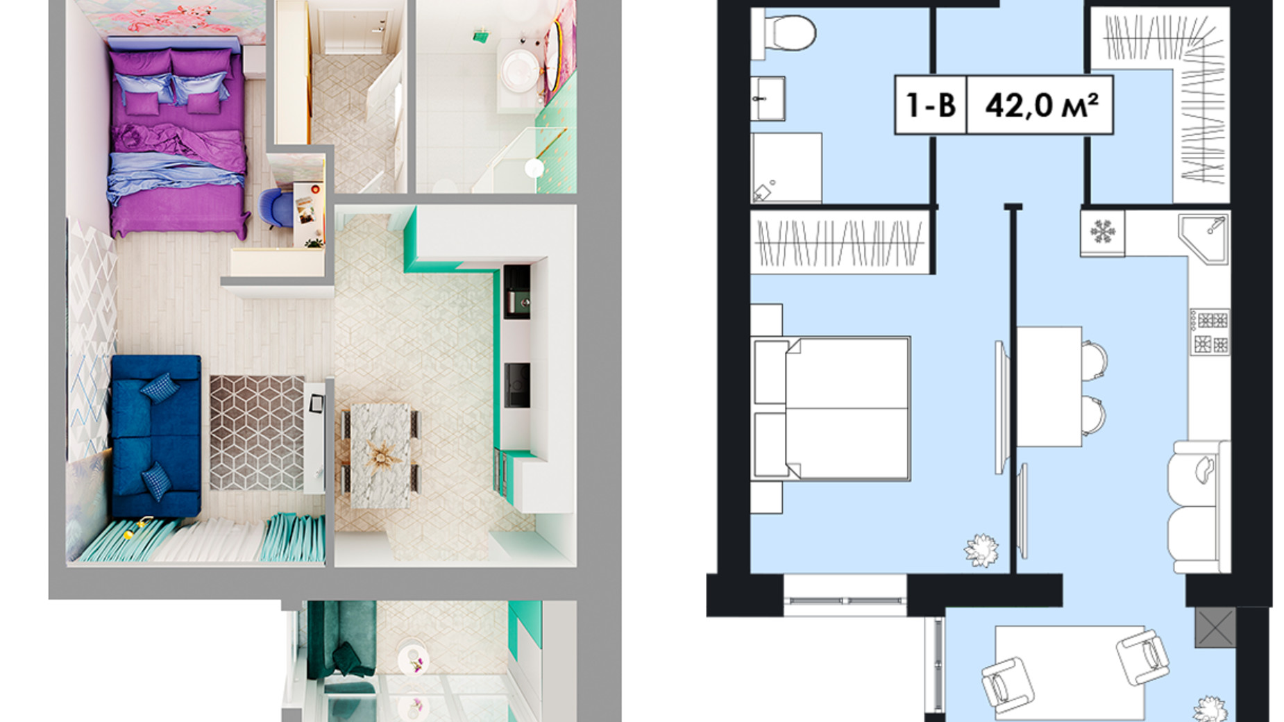 Планування 1-кімнатної квартири в ЖК Щасливий у Дніпрі 42 м², фото 596034