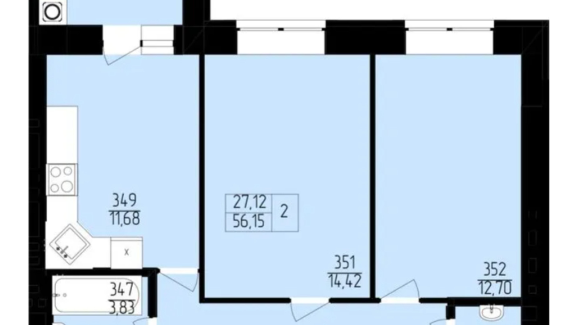 Планування 2-кімнатної квартири в ЖК Янтарний 56.15 м², фото 596149