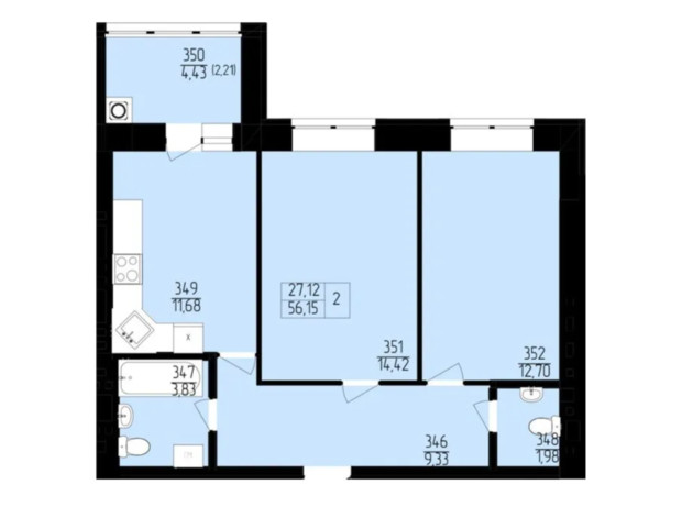 ЖК Янтарный: планировка 2-комнатной квартиры 56.15 м²