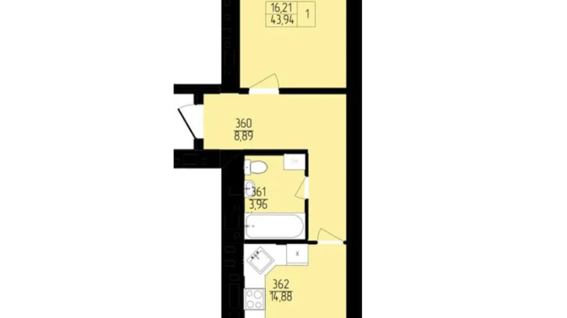 Планування 1-кімнатної квартири в ЖК Янтарний 43.94 м², фото 596150