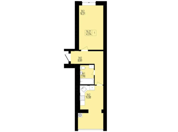 ЖК Янтарный: планировка 1-комнатной квартиры 43.94 м²