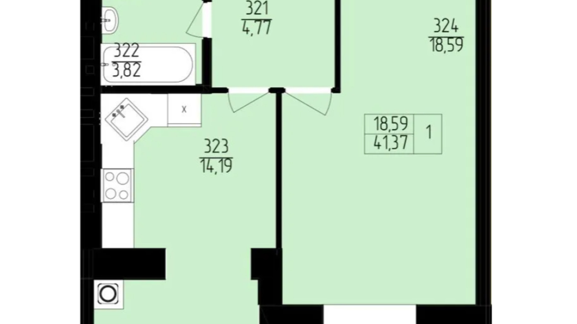 Планування 1-кімнатної квартири в ЖК Янтарний 41.37 м², фото 596152