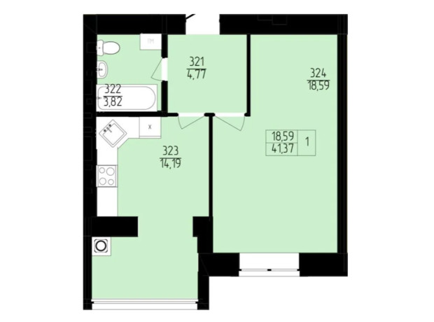 ЖК Янтарный: планировка 1-комнатной квартиры 41.37 м²