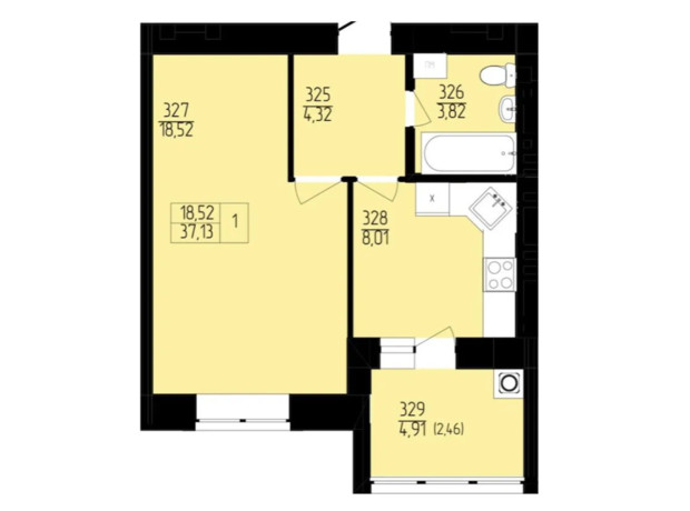 ЖК Янтарний: планування 1-кімнатної квартири 37.13 м²