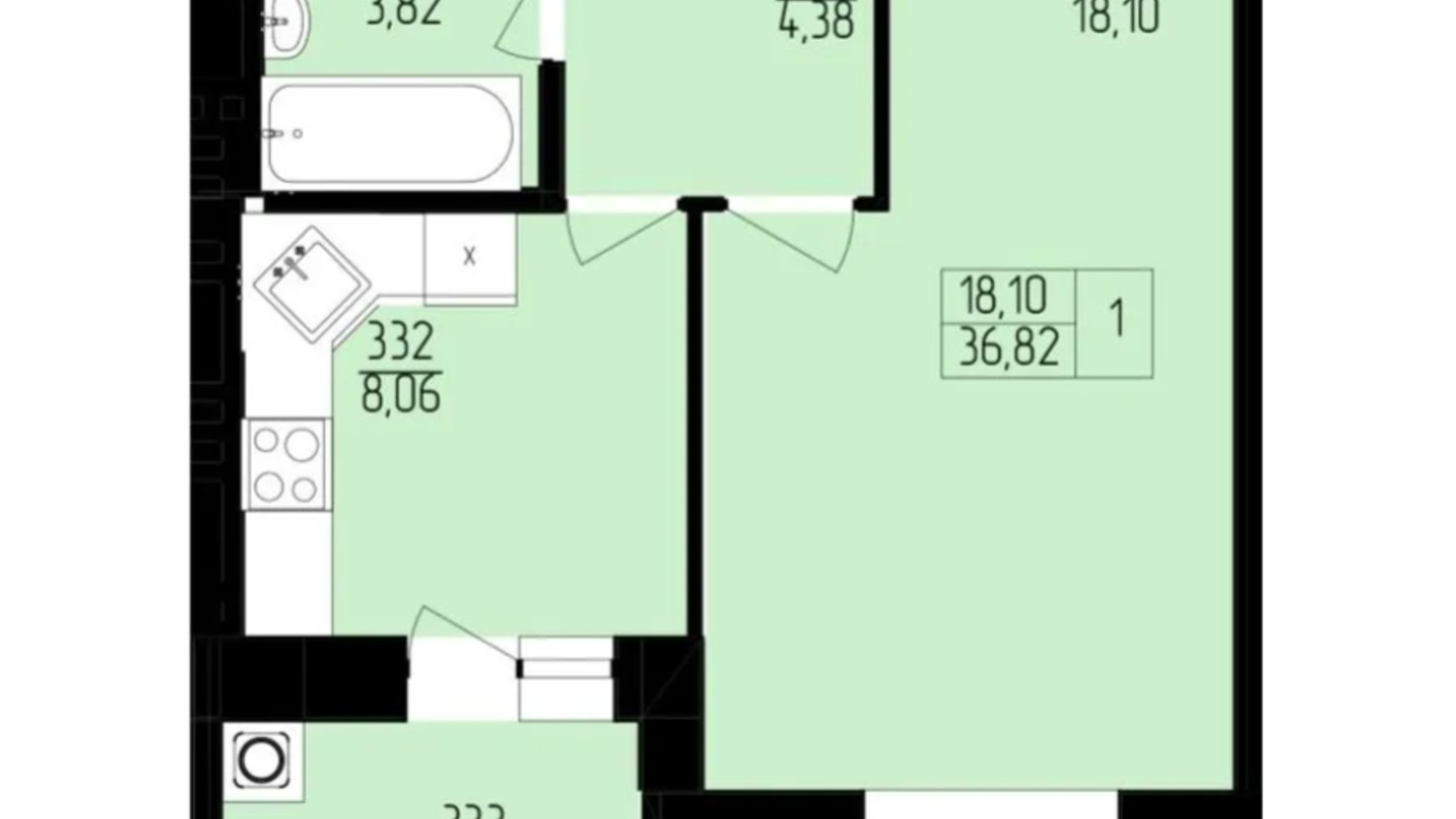 Планування 1-кімнатної квартири в ЖК Янтарний 36.82 м², фото 596154