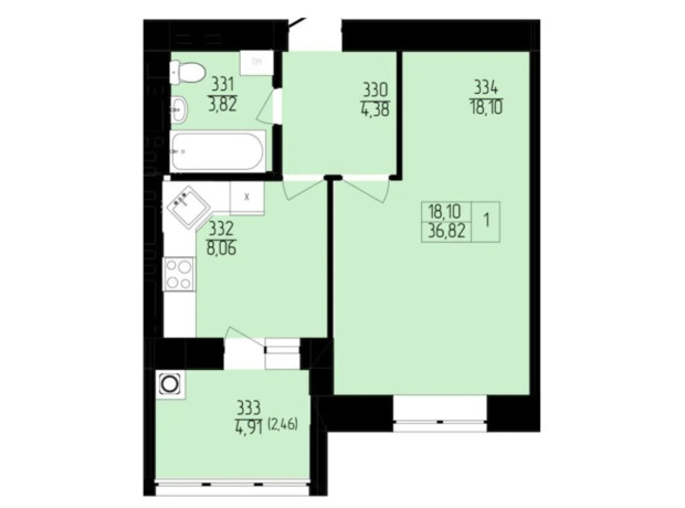ЖК Янтарний: планування 1-кімнатної квартири 36.82 м²