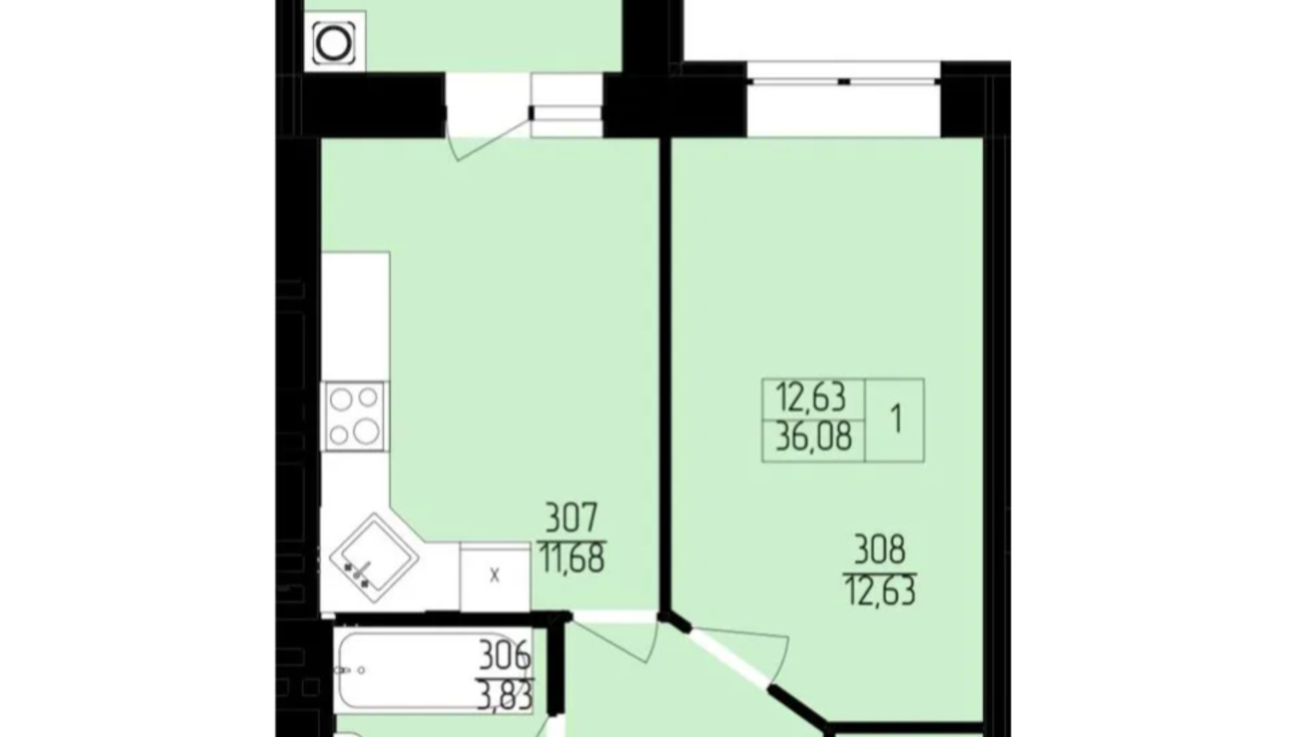 Планування 1-кімнатної квартири в ЖК Янтарний 36.08 м², фото 596155