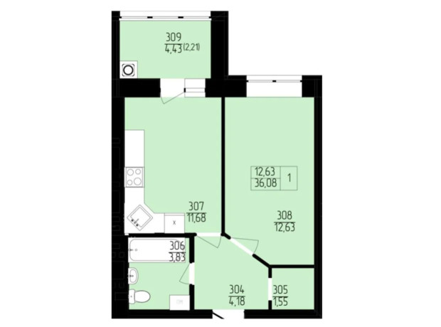ЖК Янтарный: планировка 1-комнатной квартиры 36.08 м²