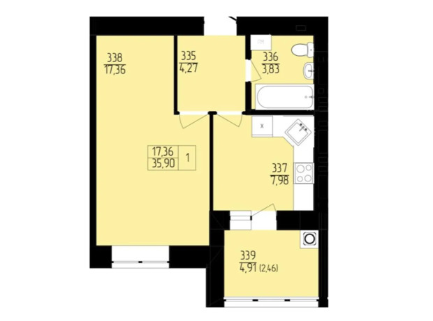 ЖК Янтарный: планировка 1-комнатной квартиры 35.9 м²