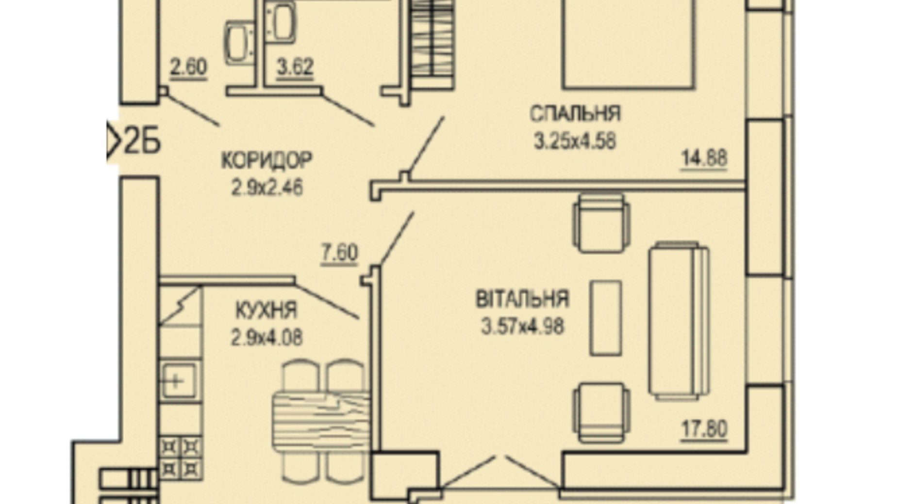 Планировка 2-комнатной квартиры в ЖК The ONE 60.78 м², фото 596171