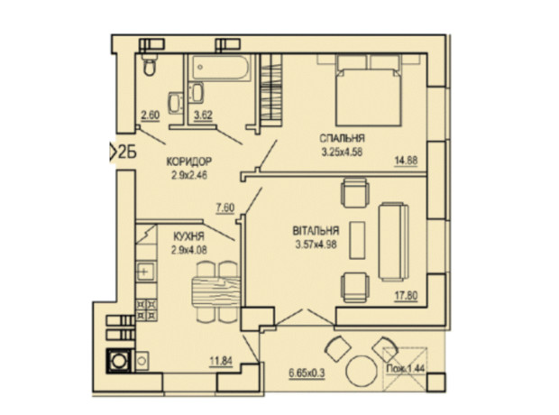 ЖК The ONE: планировка 2-комнатной квартиры 60.78 м²