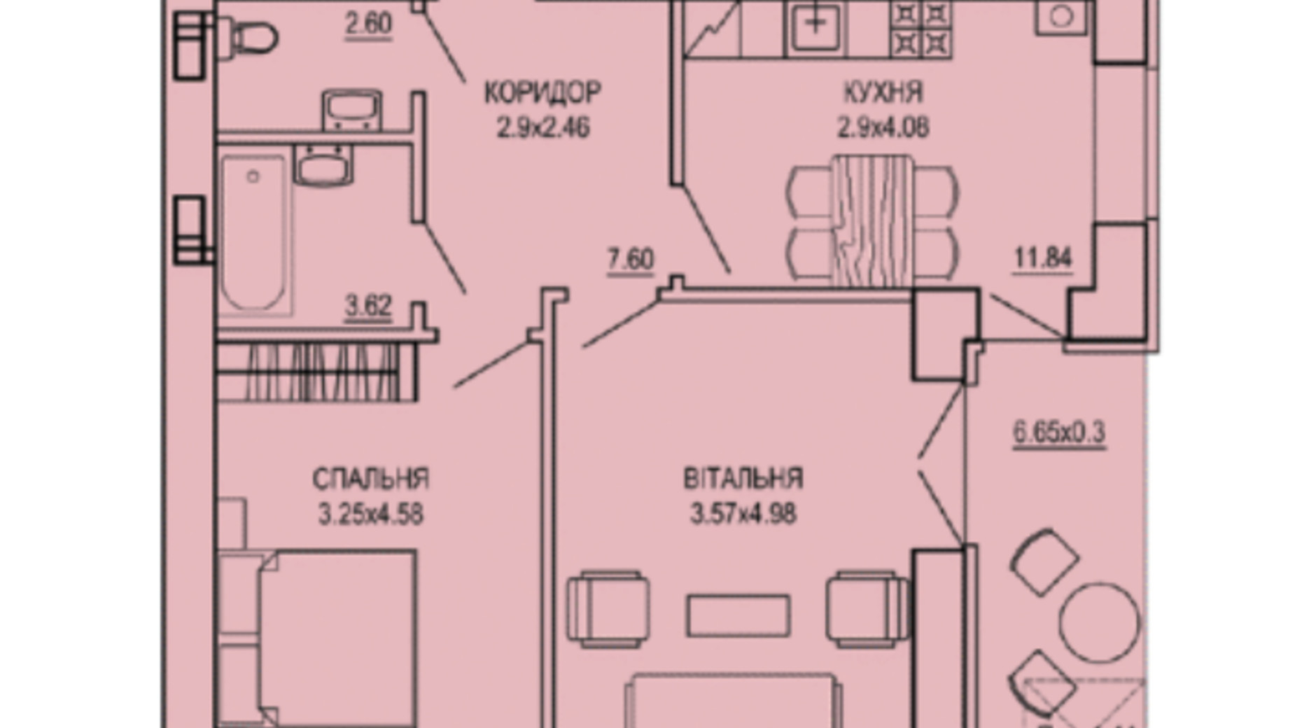 Планировка 2-комнатной квартиры в ЖК The ONE 60.78 м², фото 596172