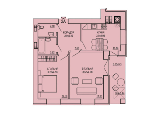 ЖК The ONE: планування 2-кімнатної квартири 60.78 м²