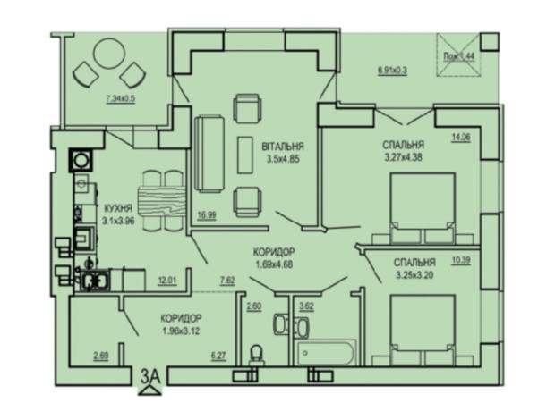 ЖК The ONE: планировка 3-комнатной квартиры 81.74 м²