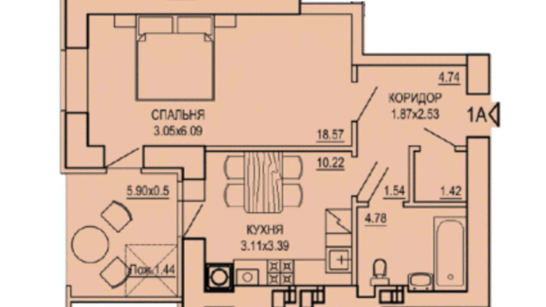 Планировка 1-комнатной квартиры в ЖК The ONE 44.7 м², фото 596175