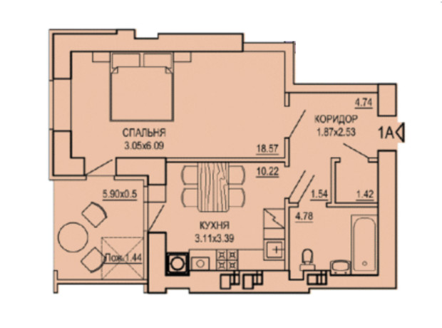 ЖК The ONE: планировка 1-комнатной квартиры 44.7 м²