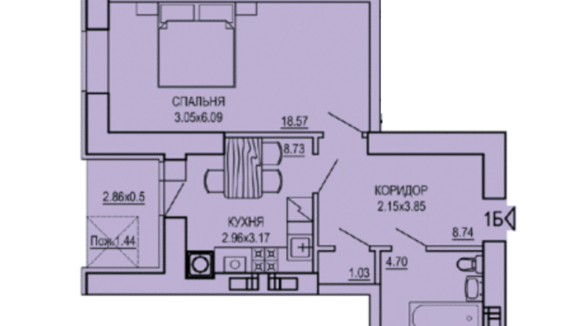 Планування 1-кімнатної квартири в ЖК The ONE 43.98 м², фото 596176