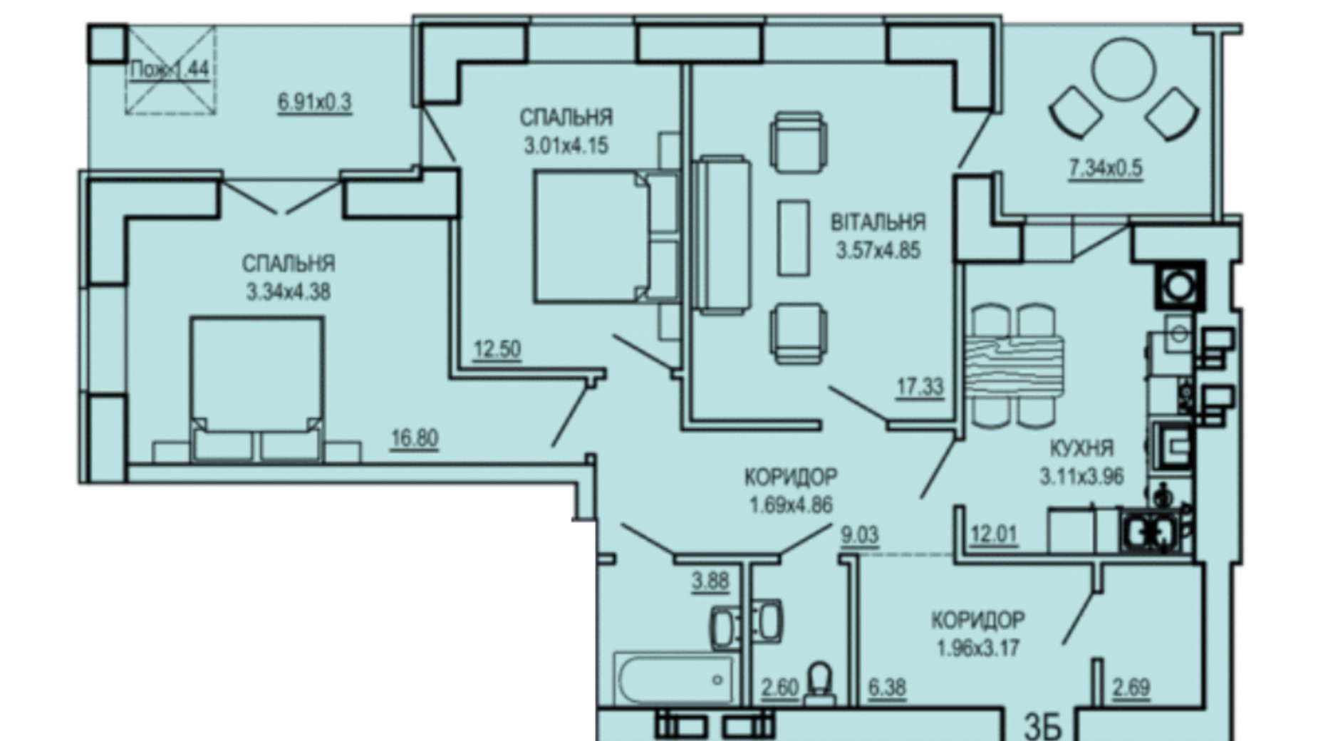 Планировка 3-комнатной квартиры в ЖК The ONE 88.94 м², фото 596177