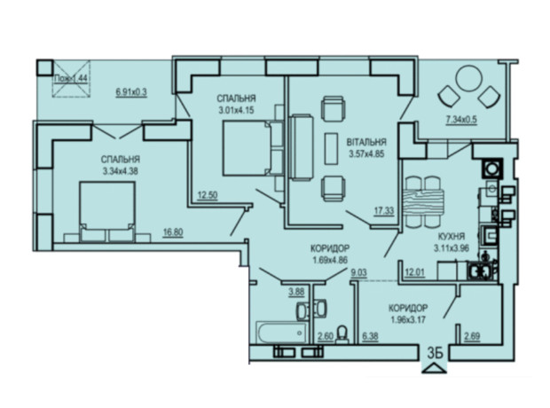 ЖК The ONE: планировка 3-комнатной квартиры 88.94 м²