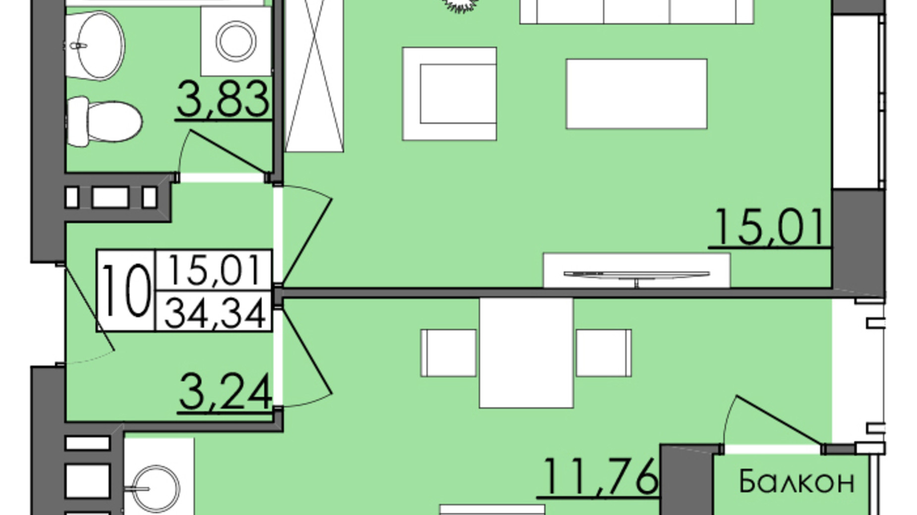 Планування 1-кімнатної квартири в ЖК Родинна Казка 34.34 м², фото 596208