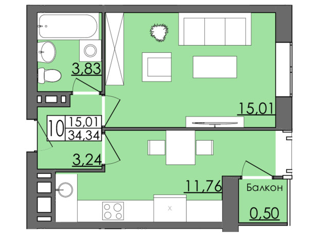 ЖК Родинна Казка: планировка 1-комнатной квартиры 34.34 м²