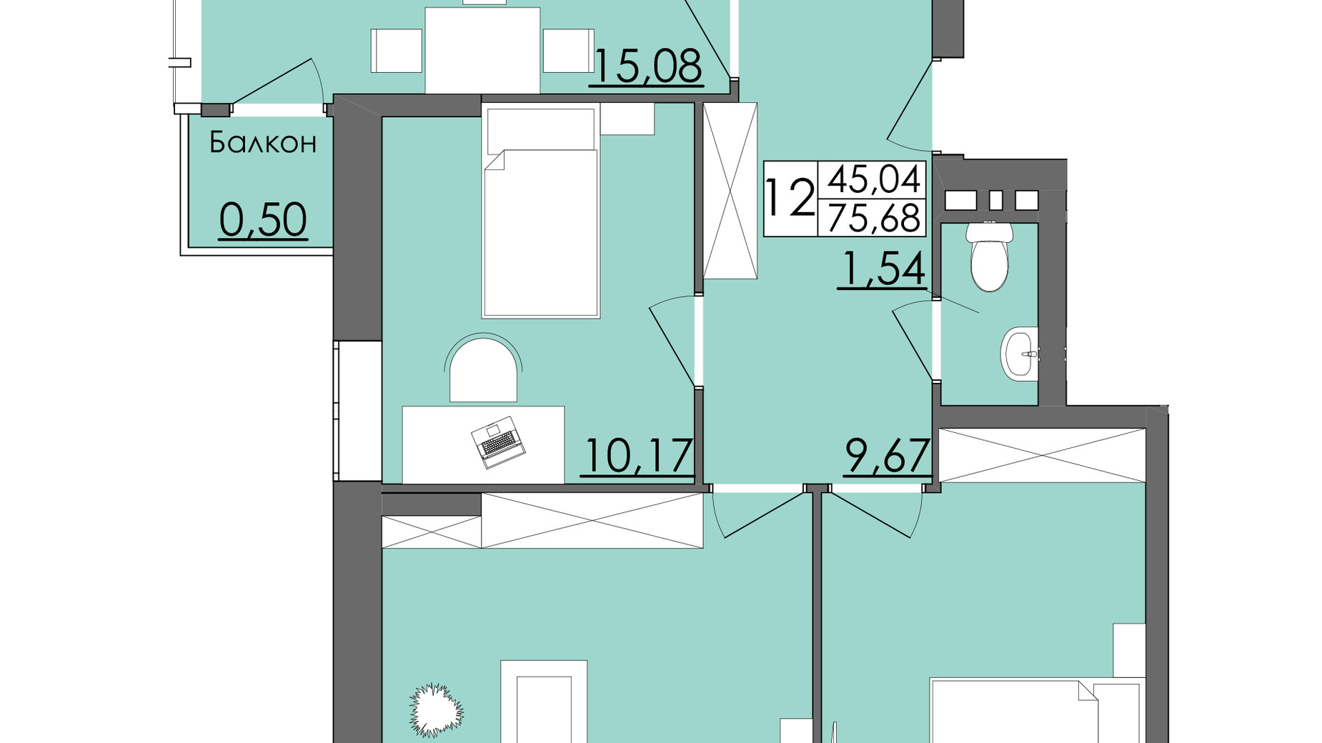Планування 3-кімнатної квартири в ЖК Родинна Казка 75.68 м², фото 596209