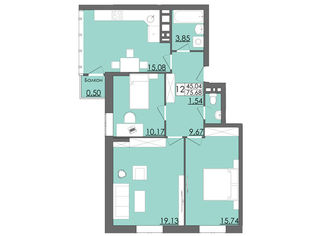 ЖК Родинна Казка: планування 3-кімнатної квартири 75.68 м²