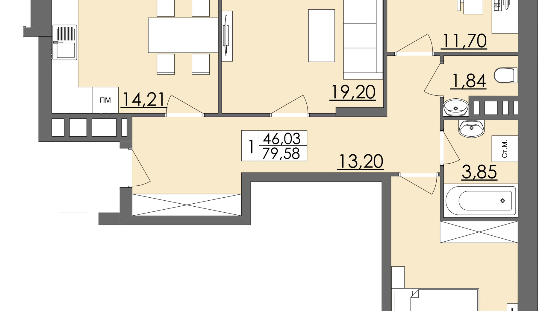Планування 3-кімнатної квартири в ЖК Родинна Казка 73 м², фото 596210