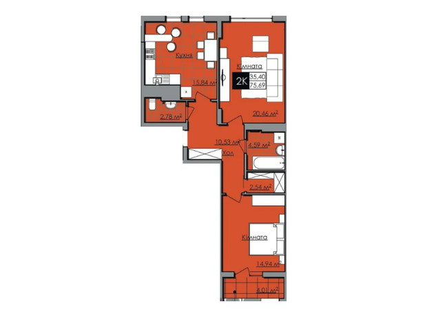 ЖК Нове життя: планировка 2-комнатной квартиры 75.22 м²