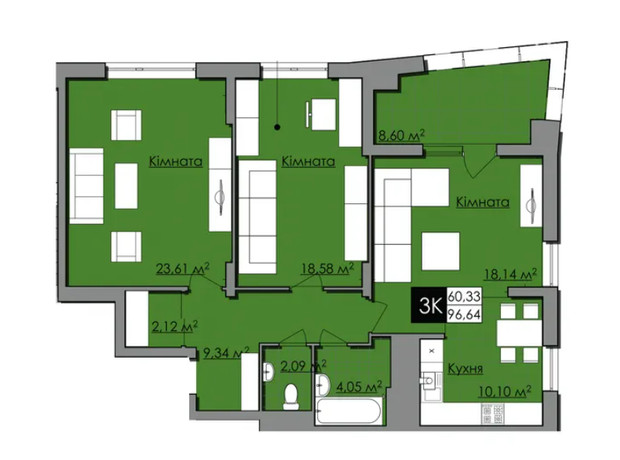 ЖК Нове життя: планировка 3-комнатной квартиры 98.02 м²